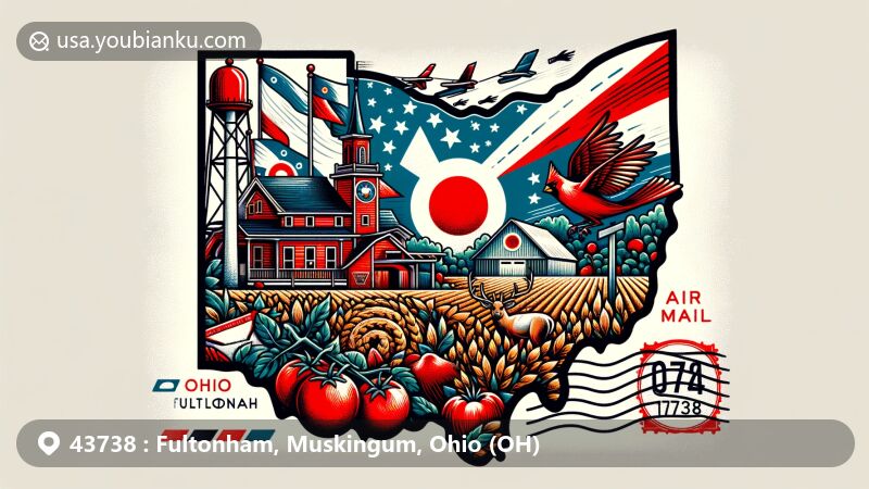 Modern illustration of Fultonham, Muskingum County, Ohio, blending postal elements and Ohio state symbols, featuring ZIP code 43738.