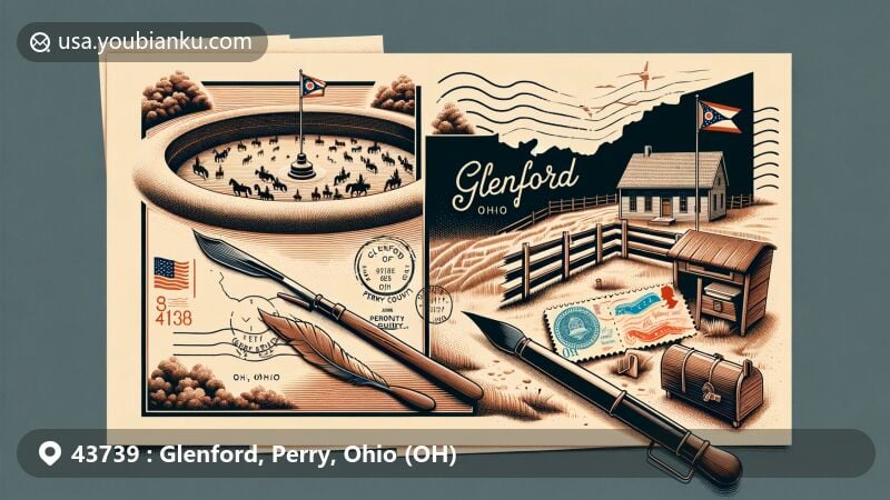 Modern illustration of Glenford, Perry County, Ohio, combining historical significance with postal theme, showcasing Glenford Fort Earthworks and Ohio state postal symbols.