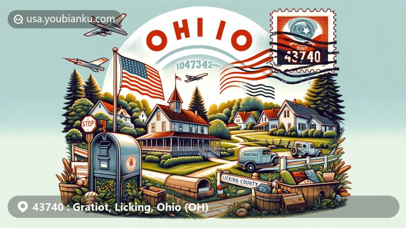 Modern illustration of Gratiot, Ohio, blending postal elements with ZIP code 43740, featuring Licking County's charming landscape and small-town community vibe.