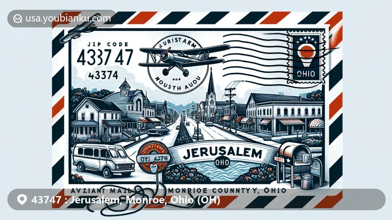 Modern illustration of Jerusalem, Monroe County, Ohio, with a postcard theme and aviation mail envelope shape, showcasing Main Street and community spirit, surrounded by references to Monroe County and postal elements like vintage postage stamp, postal mark with ZIP code 43747, and red mailbox.