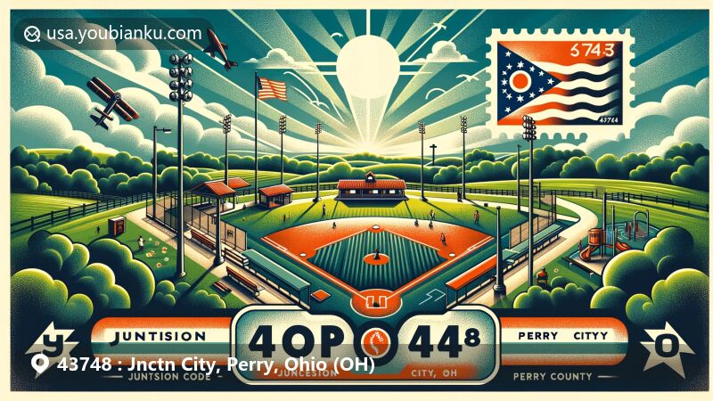 Modern illustration of Junction City, Perry County, Ohio, highlighting postal theme with ZIP code 43748, featuring Junction City Park and Ohio state flag.