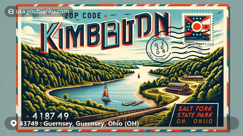 Modern illustration of Kimbolton, Ohio, portraying Salt Fork State Park's natural beauty and outdoor activities in Guernsey County. Postcard design with vintage air mail theme, Ohio state flag stamp, and Kimbolton, OH 43749 postmark.