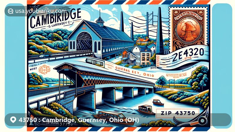Modern illustration of Cambridge, Guernsey County, Ohio, showcasing postal theme with ZIP code 43750, featuring National Museum of Cambridge Glass and S-shaped bridges.