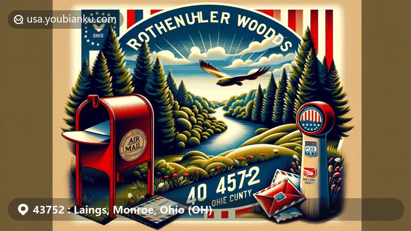Modern illustration of Laings, Monroe County, Ohio, showcasing postal theme with ZIP code 43752, featuring Rothenbuhler Woods and Ohio state symbols.