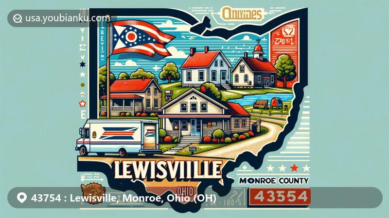Modern illustration of Lewisville village, Monroe County, Ohio, featuring postal theme with ZIP code 43754, showcasing village characteristics and location within Ohio.