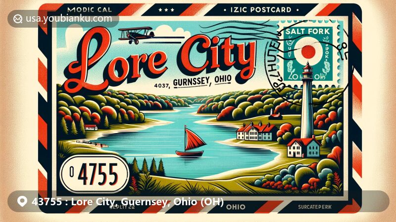 Modern illustration of Lore City, Guernsey, Ohio, highlighting features of ZIP code 43755 with a postcard design inspired by Salt Fork State Park's landscapes and the Salt Fork Reservoir.