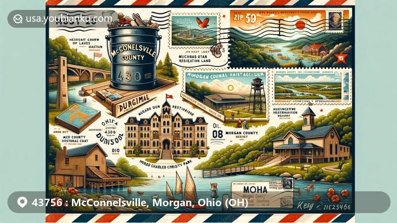 Modern illustration of McConnelsville, Morgan, Ohio (OH) area with ZIP code 43756, featuring Big Muskie's Bucket, AEP ReCreation Land, Morgan County Historical Society Museum, Morgan County Dungeon, and Muskingum River.