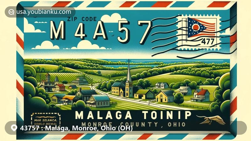 Modern illustration of Malaga Township, Monroe County, Ohio, highlighting rural charm and natural beauty with lush green landscapes and rolling hills, featuring Ohio state flag and vintage air mail envelope with ZIP code 43757.
