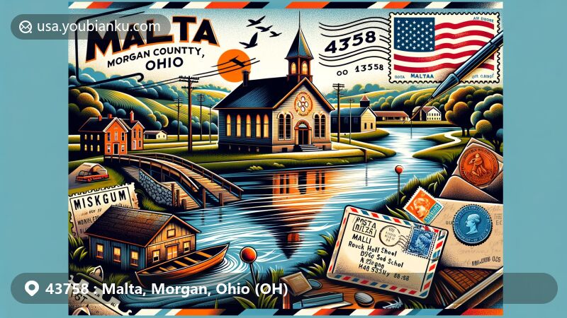 Creative illustration of Malta, Morgan County, Ohio, featuring Muskingum River, Rock Hollow School, and Morgan County Dungeon, capturing history and postal theme with vintage air mail envelope and postmark 'Malta, OH 43758'.