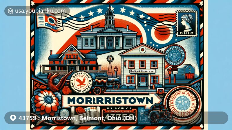 Modern illustration of Morristown, Belmont County, Ohio, featuring Morristown Historic District and The Black Horse Inn, surrounded by National Road motifs and vintage postal elements like Ohio state flag stamps and a postmark.