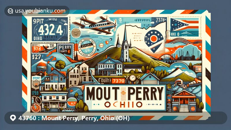 Modern illustration of Mount Perry, Perry County, Ohio, featuring creative postal theme with elements like vintage air mail envelope, Ohio state flag, Perry County outline, and Mount Perry landmarks.
