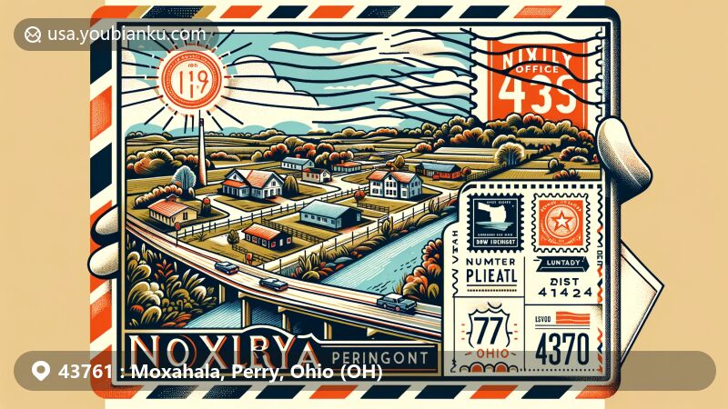 Creative illustration of Moxahala, Perry County, Ohio, with postal theme and ZIP code 43761, featuring State Route 13 connecting Moxahala with New Lexington and Rendville, highlighting the local post office and Sunday Creek.