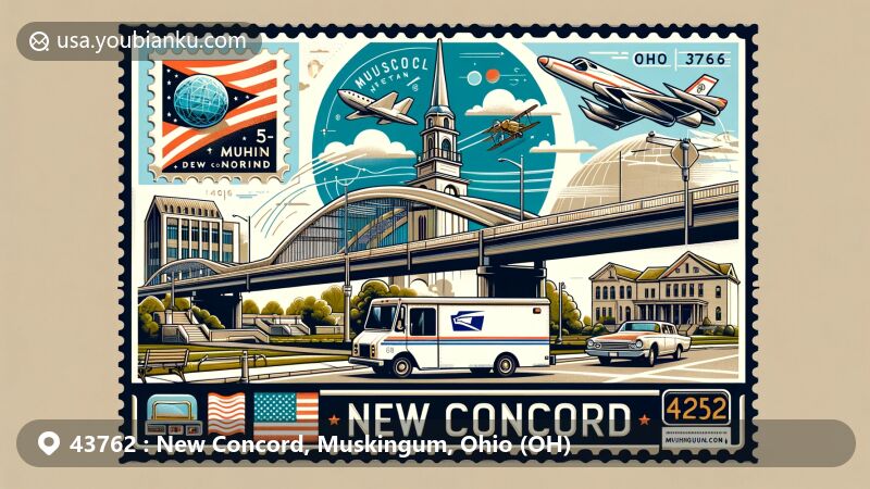 Creative illustration of New Concord, Ohio, featuring the S-Bridge and John & Annie Glenn Museum, symbolizing historical connection and space exploration legacy, with aviation-themed postage stamp and postal mail truck showcasing ZIP code 43762.