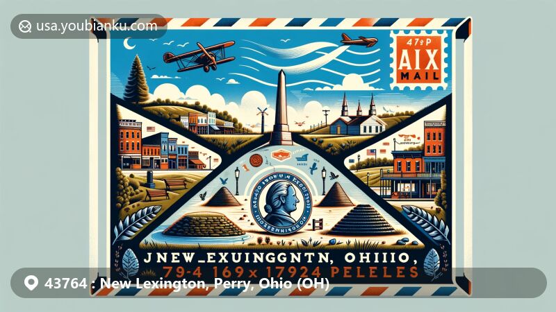 Modern illustration of New Lexington, Ohio, representing ZIP code 43764 with air mail envelope design, showcasing local landscapes, cultural symbols like historical mounds and MacGahan tribute.
