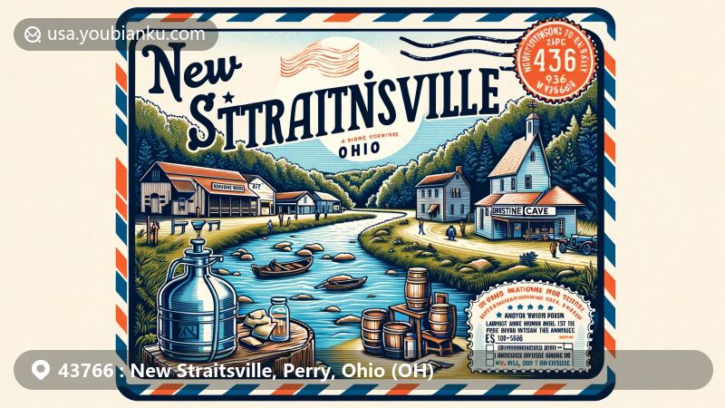 Modern illustration of New Straitsville, Ohio, with postal theme, featuring Monday Creek, vintage moonshine still, Robinson's Cave, and Wayne National Forest.