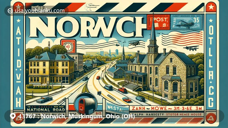 Modern illustration of Norwich, Muskingum, Ohio, highlighting postal theme with ZIP code 43767, featuring National Road – Zane Grey Museum and Ralph Hardesty Stone House.