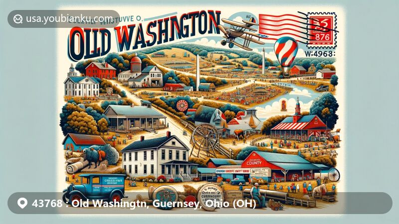 Modern illustration of Old Washington, Ohio, highlighting cultural heritage and landmarks with ZIP code 43768, known for its history dating back to 1805, significance on the Historic National Road, and role in Morgan's Raid during the Civil War. Features vintage air mail elements and Guernsey County Fairgrounds, capturing the village's charm and rural setting.