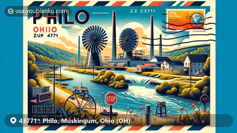 Modern illustration of Philo, Ohio, showcasing the Muskingum River, iconic rotors from the Philo Power Plant, and postal motifs with ZIP code 43771.