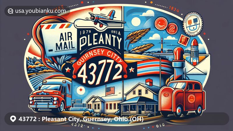 Modern illustration of Pleasant City, Ohio, in Guernsey County, showcasing postal theme with ZIP code 43772, featuring air mail envelope, postage stamps, and postmark.