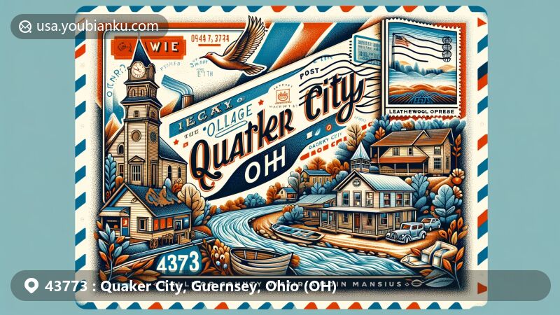 Modern illustration of Quaker City, Ohio, showcasing a postal theme with ZIP code 43773, featuring local landmarks like Leatherwood Creek, Pennyroyal Opera House, and Belmont County Victorian Mansion Museum.