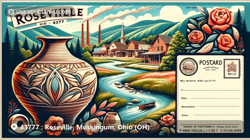Modern illustration of Roseville, Ohio, showcasing hand-crafted pottery and Moxahala Creek, representing the village's pottery heritage and natural beauty.