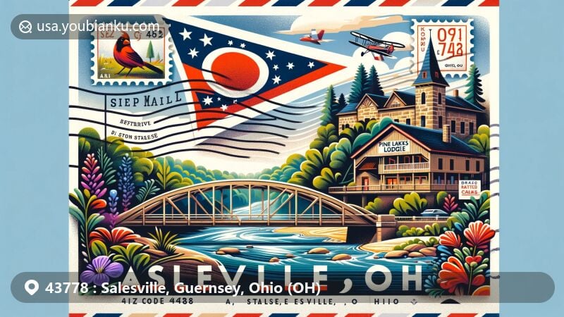 Modern illustration of Salesville, Ohio, showcasing postal theme with ZIP code 43778 and 'Salesville, OH', featuring 'S' Bridge and Pine Lakes Lodge, with Ohio state flag, cardinal, and scarlet carnation elements.
