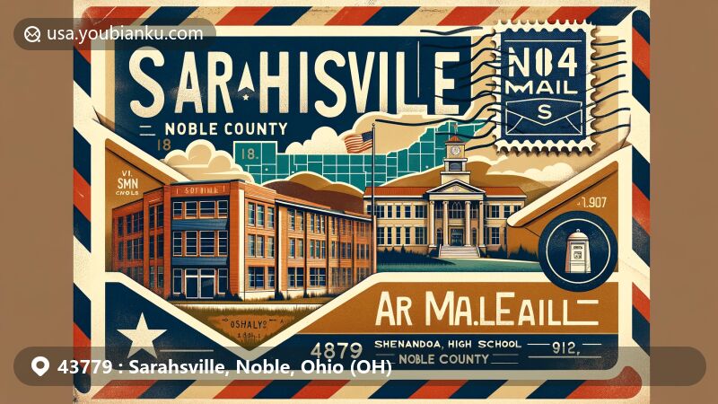 Modern illustration of Sarahsville, Noble County, Ohio, with air mail envelope featuring ZIP code 43779, Shenandoah High School, and classic American mailbox.