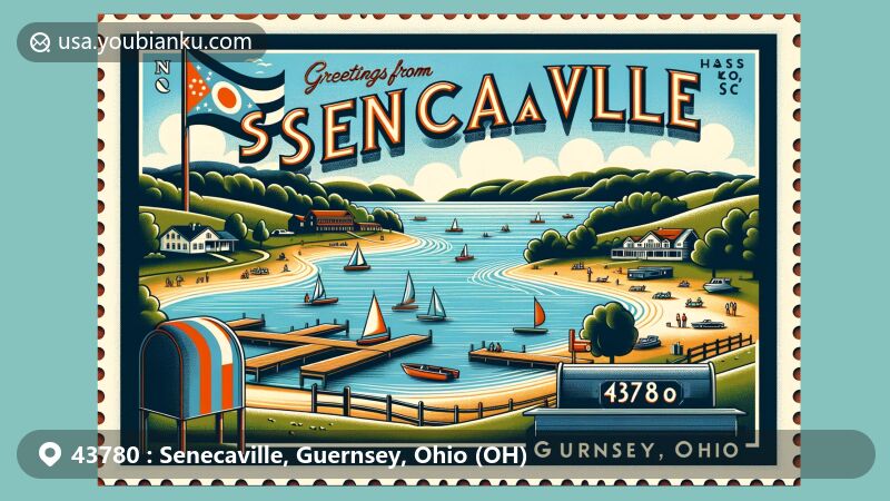 Modern illustration of Senecaville, Guernsey County, Ohio (OH), highlighting the scenic Seneca Lake with recreational boats, set against the backdrop of rolling hills. Features 'Greetings from Senecaville, Ohio 43780' in a welcoming font, vintage postal border, and artistic mailbox symbol.
