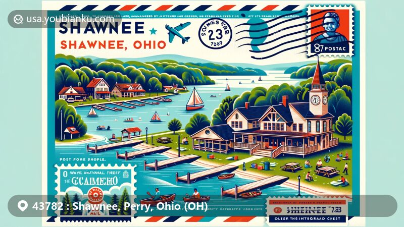 Modern illustration of Shawnee area in Perry County, Ohio, featuring Tecumseh Lake's natural beauty, Wayne National Forest, outdoor activities, and postal elements.