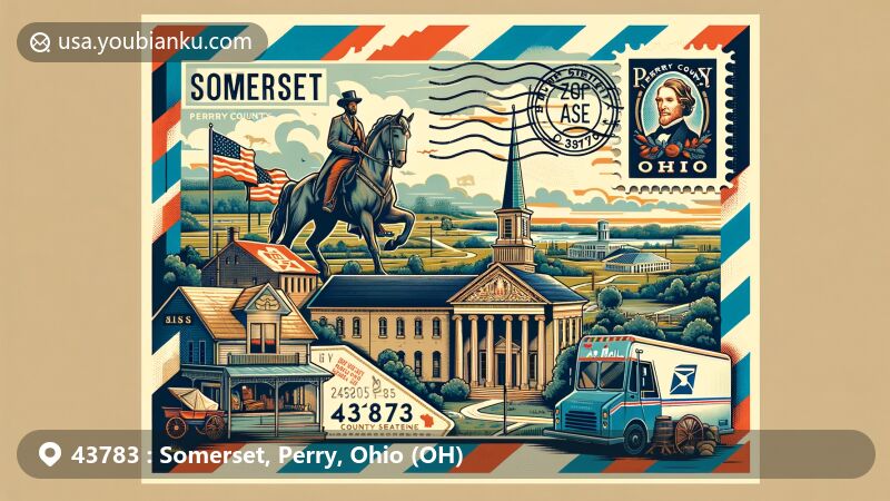 Modern wide-format illustration of Somerset, Perry County, Ohio, integrating natural landscapes, historical courthouse, air mail envelope with ZIP code 43783, vintage postage stamp of Union General Philip Sheridan, and Ohio state symbols.
