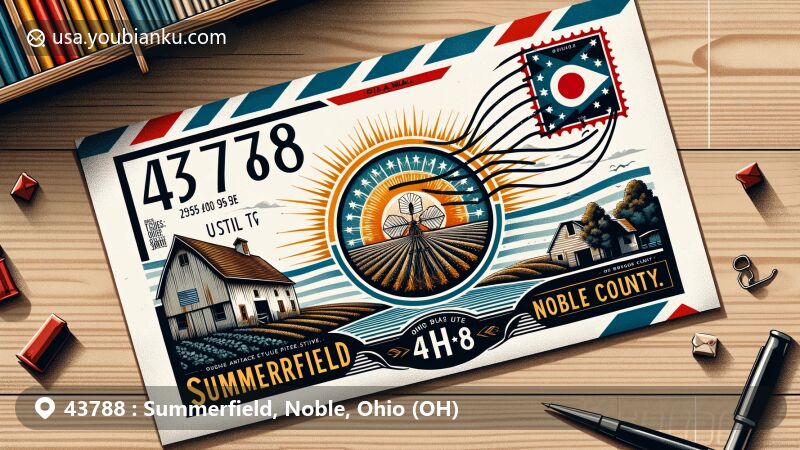 Modern illustration of Summerfield, Noble County, Ohio, featuring a vintage air mail envelope with Ohio state flag stamp, showcasing local history and pioneer heritage like Samuel Danford's farm, and highlighting ZIP code 43788.