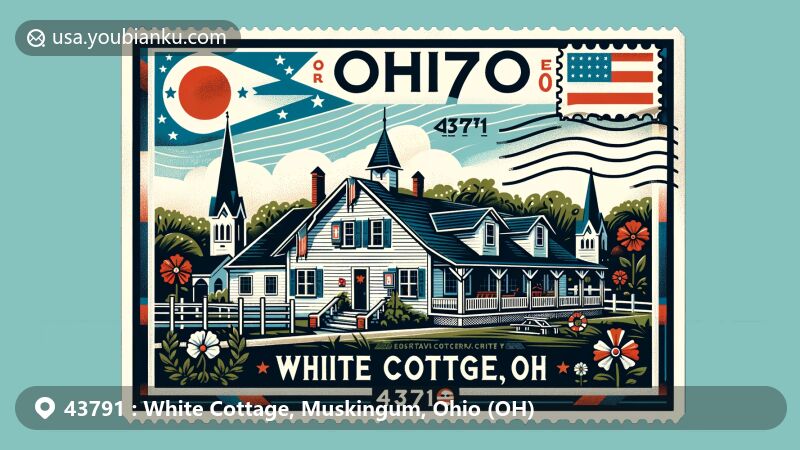 Modern illustration of White Cottage, Muskingum, Ohio, showcasing postal theme with ZIP code 43791, featuring iconic white tavern and Ohio countryside scenery.