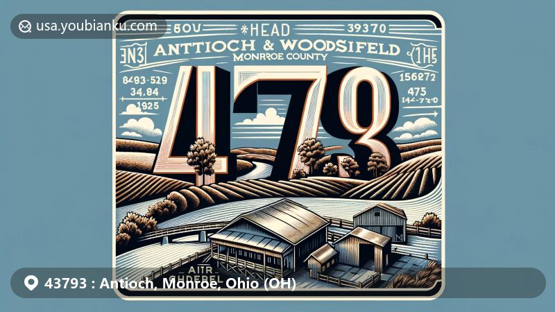 Modern illustration of Antioch and Woodsfield, Monroe County, Ohio, representing vintage postcard theme with ZIP code 43793, showcasing Ohio River and local landmarks.