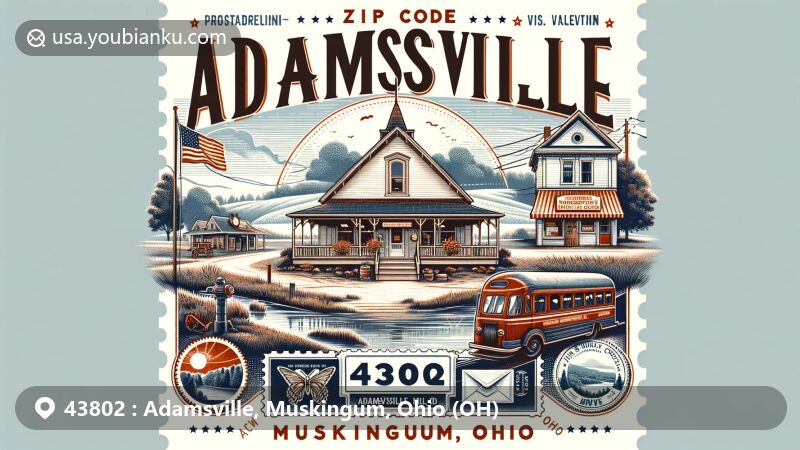 Modern illustration of Adamsville, Muskingum, Ohio, showcasing postal theme with ZIP code 43802, featuring small-town charm and community spirit, integrating local history and natural landscapes of Muskingum County.