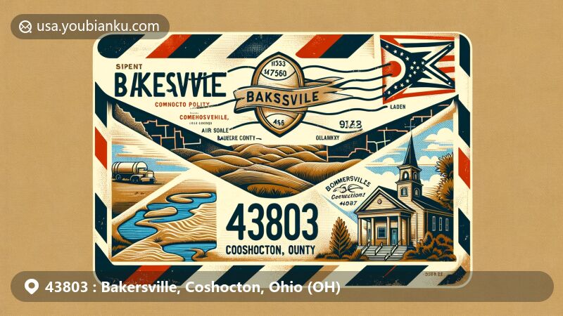 Modern illustration of Bakersville, Coshocton County, Ohio, featuring vintage airmail envelope with ZIP code 43803, incorporating elements like Coshocton County outline, Bakersville Community Church, and local natural features.