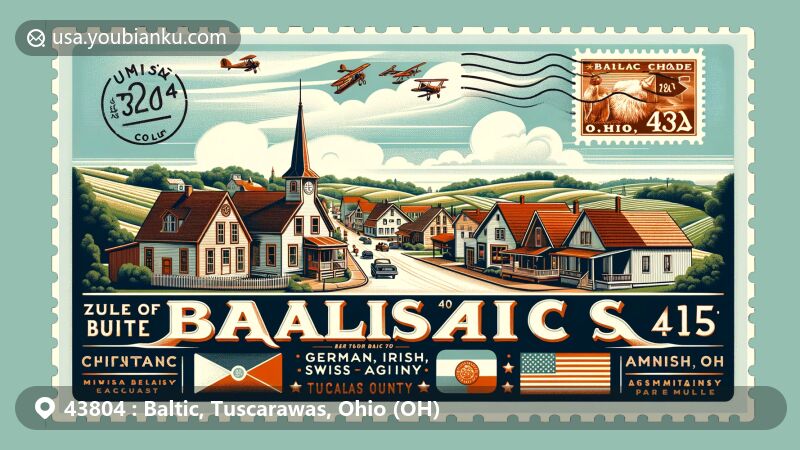 Modern illustration of Baltic, Tuscarawas County, Ohio, blending German, Irish, Swiss, and English heritage, featuring Raber's Almanac, The Genie Company's garage door opener factory, and postal elements with ZIP code 43804.