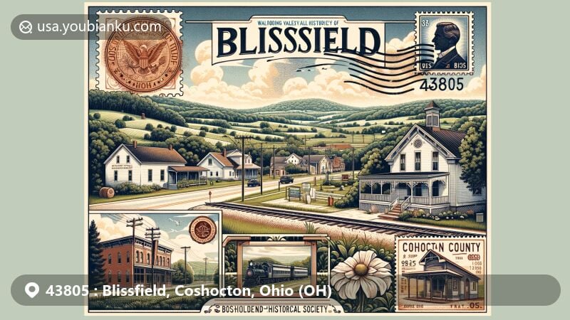 Modern illustration of Blissfield, Coshocton County, Ohio, showcasing rural charm and historic legacy, with rolling green hills typical of Coshocton County. The foreground features a vintage-style postcard capturing the essence of Blissfield's heritage, depicting key white buildings and railroads pivotal to the town's development. The postcard also showcases main streets of Blissfield, evoking a tranquil rural life. Adorned with a stylized stamp bearing ZIP code '43805' and postmark emphasizing the theme, surrounded by elements like a quaint post office, Walhonding Valley Historical Society emblem, and snippets of local flora representing the region's natural beauty. This illustration blends modern illustration techniques with a tribute to Blissfield's history, making it a visually captivating representation for a webpage dedicated to ZIP code 43805.