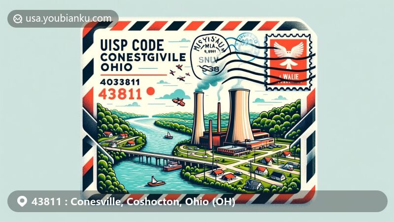 Modern illustration of Conesville, Ohio, in Coshocton County, highlighting Muskingum River as natural landmark and Conesville Power Plant as symbol of village's industrial side, featuring air mail envelope with ZIP code 43811, postage stamp, and postmark.