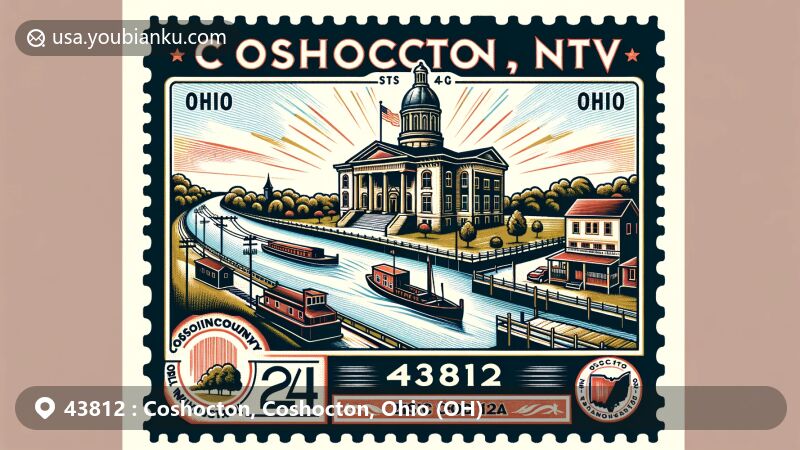 Vintage-style illustration of Coshocton, Ohio, in Coshocton County, ZIP code 43812, featuring the Coshocton County Courthouse, confluence of rivers, and Roscoe Village canal-era buildings.