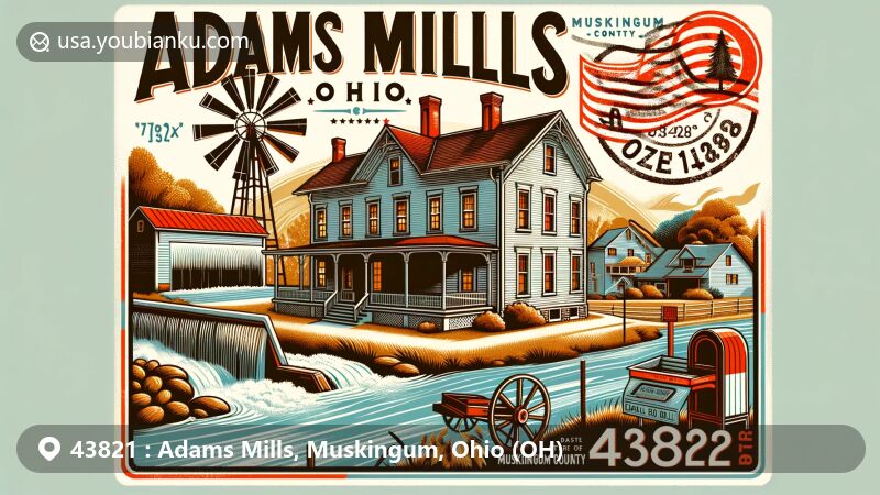 Modern illustration of Adams Mills, Ohio, highlighting the 19th-century Edward Adams House and the area's flour milling heritage, incorporating Muskingum River and vintage postal elements with a postage stamp, postal mark, and postal carriage.