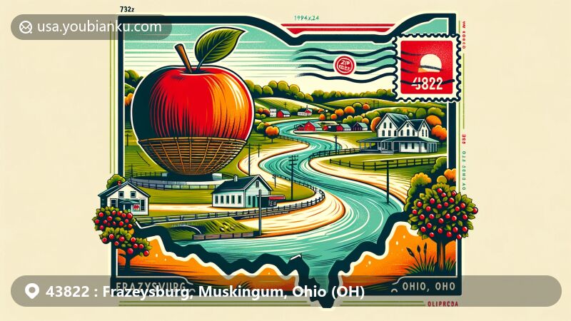 Modern illustration of Frazeysburg, Ohio, showcasing a postcard design with natural beauty along Wakatomika Creek and the world's largest apple basket, incorporating traditional postcard elements and ZIP code 43822.