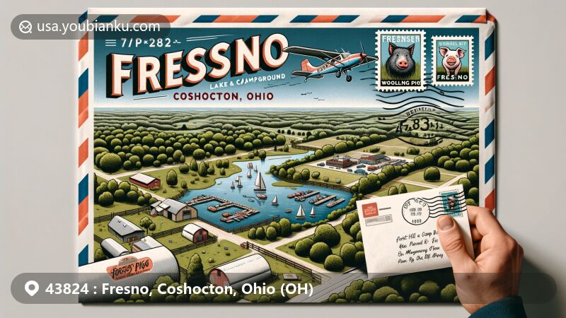 Modern illustration of Fresno, Coshocton County, Ohio, featuring Forest Hill Lake & Campground and Wooly Pig Farm Brewery, postal theme with ZIP code 43824, Ohio state symbols.