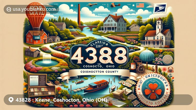 Modern illustration of Keene, Coshocton County, Ohio, showcasing Clary Gardens, Roscoe Village, Native American heritage, postal elements, and ZIP code 43828.
