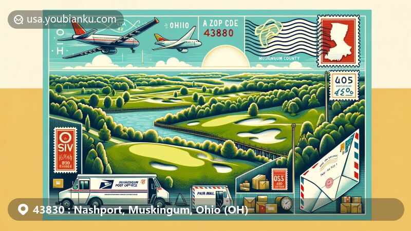 Modern illustration of Nashport, Muskingum County, Ohio, capturing the essence of ZIP code 43830 area with scenic Vista Golf Course, Ohio map, and post office symbol.