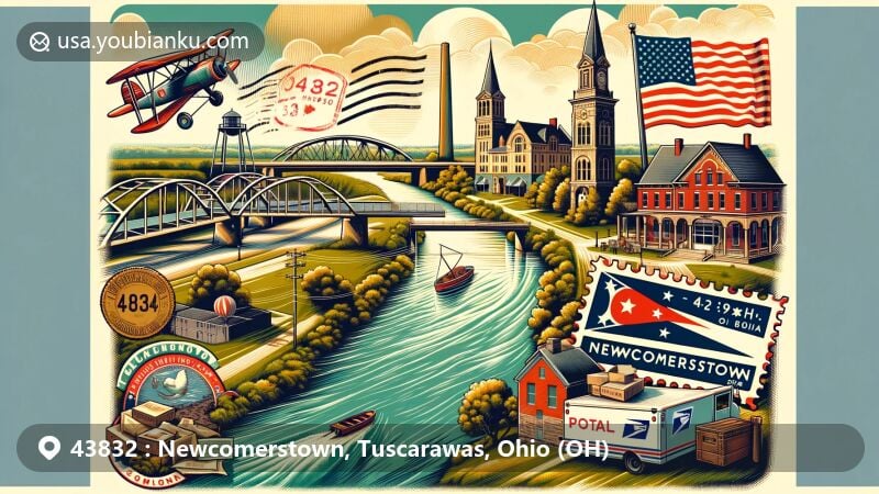 Innovative illustration of Newcomerstown, Ohio, showcasing postal elements and iconic landmarks like the Tuscarawas River, Buckhorn Creek Trail, and Cy Young Memorial Park.