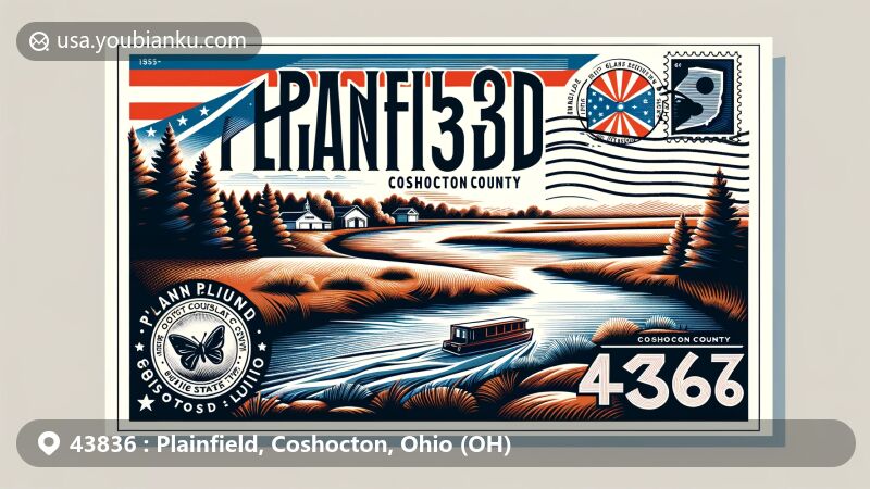 Modern illustration of Plainfield, Coshocton County, Ohio, depicting Wills Creek and postal theme with ZIP code 43836, featuring Ohio's state flag.