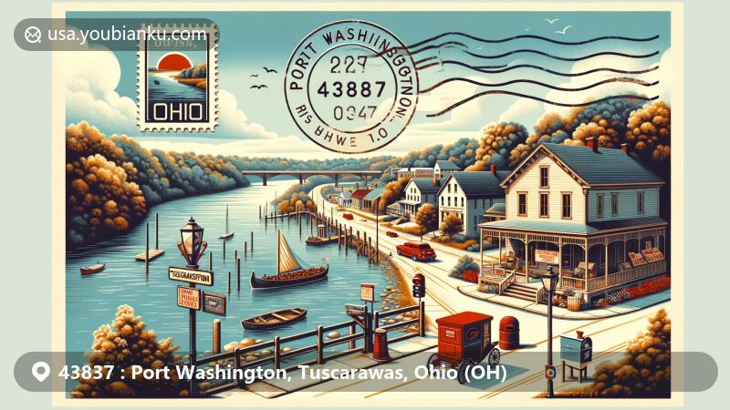 Modern illustration of Port Washington, Tuscarawas County, Ohio, capturing the charm and history of the area along the Tuscarawas River, featuring a retro postcard layout with '43837' postal code theme, showcasing the village's warmth and connection to the river.
