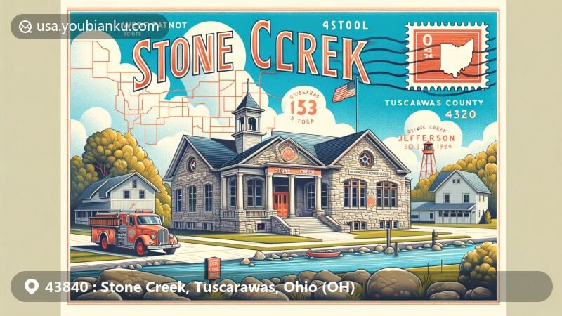 Modern illustration of Stone Creek, Tuscarawas County, Ohio, featuring historical Jefferson School building, postal stamp with ZIP code 43840, and Volunteer Fire Department emblem.