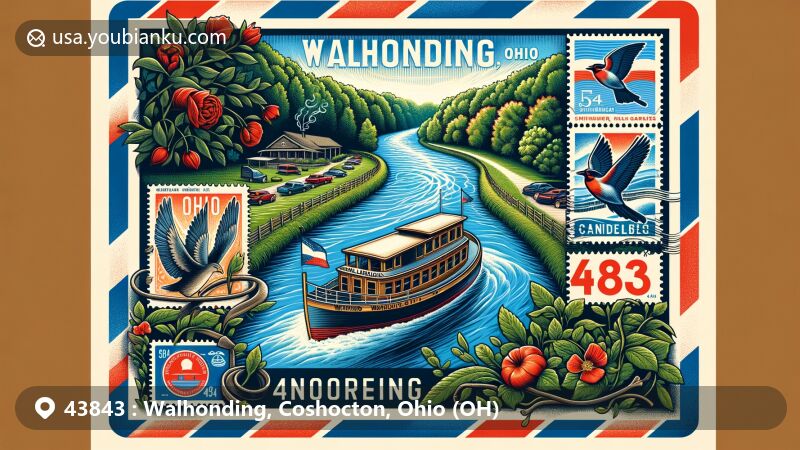 Modern illustration of Walhonding, Ohio, showcasing postal theme with ZIP code 43843, featuring Walhonding River, Monticello III canal boat, Schnormeier Gardens, and Ohio state symbols.