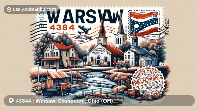 Modern illustration of Warsaw, Coshocton County, Ohio, highlighting ZIP code 43844, featuring Walhonding Valley Historical Society Museum and postal elements.
